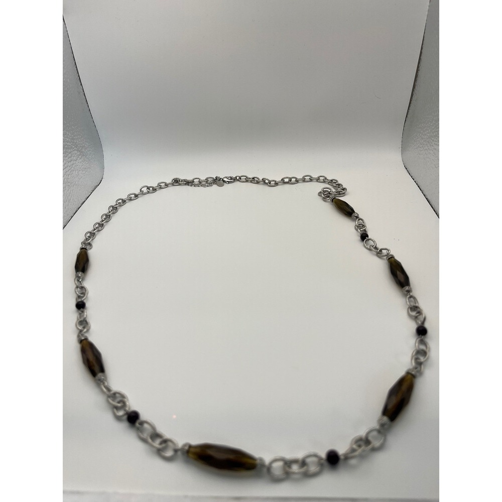 Lia Sophia Amber Brown Faceted Bead Silver Tone Long Necklace 32-35" Statement